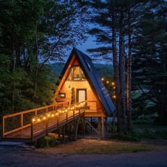 Designer A-Frame Treehouse with hot tub on river